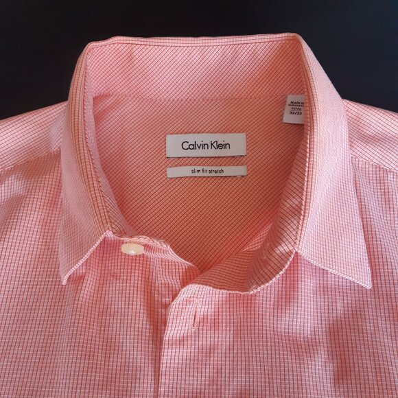 Calvin Klein SZ 15.5 Slim Fit Stretch Orange & White Check Men's Button Up Shirt - Picture 6 of 14